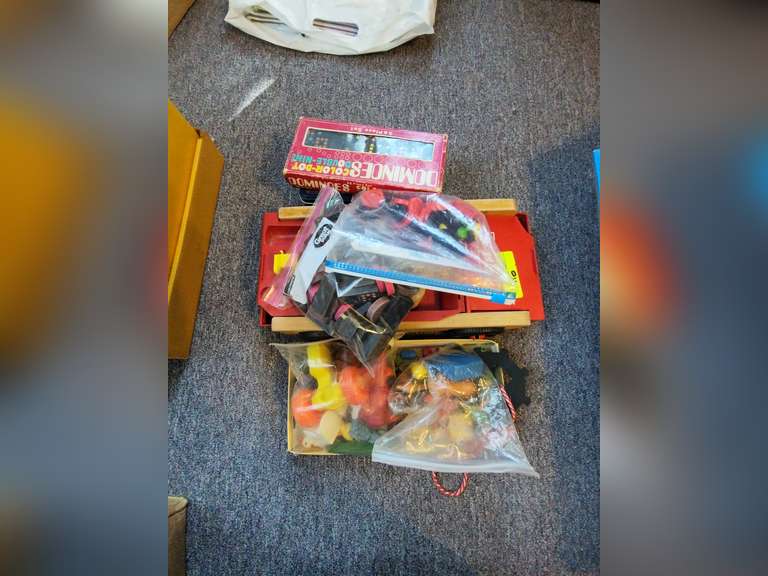 Old toys (Car, dominoes, and wood blocks)