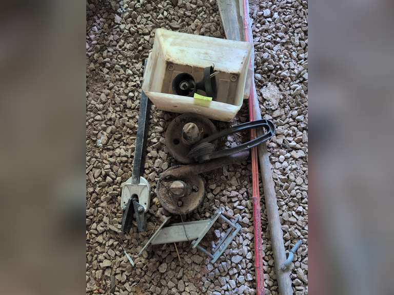 Small Pile of Boat Supplies, Battery Box Bottom, 2 Anchors, Spare Tire Carrier, Outboard Support, Oa