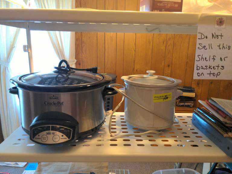 Crock pots, Cone strainer, recipes and books, and iron griddle (shelf not included)