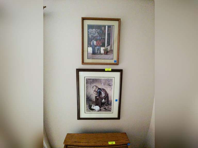Pair of Framed Wall Prints, Two Boys Looking into Toy Shop (marked Lummings), Gril with Doll & Rabbi