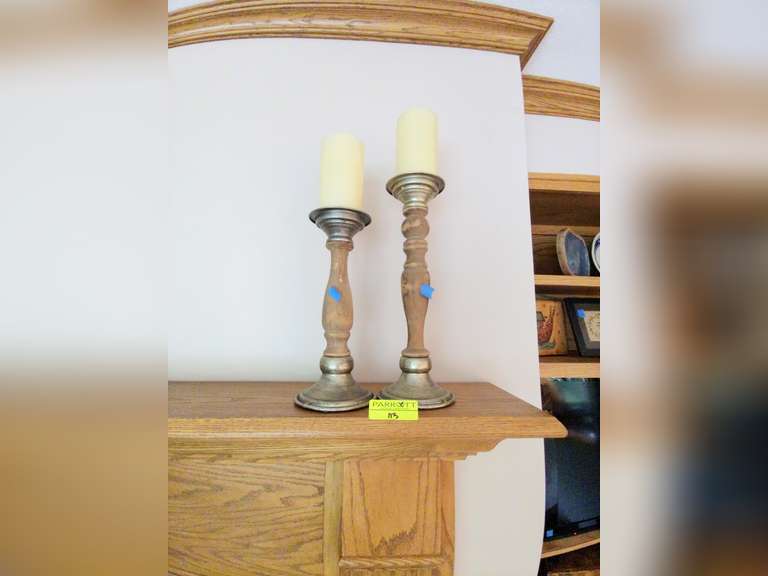 Pair of Natural Wood & Painted Metal Decorative Candlestands