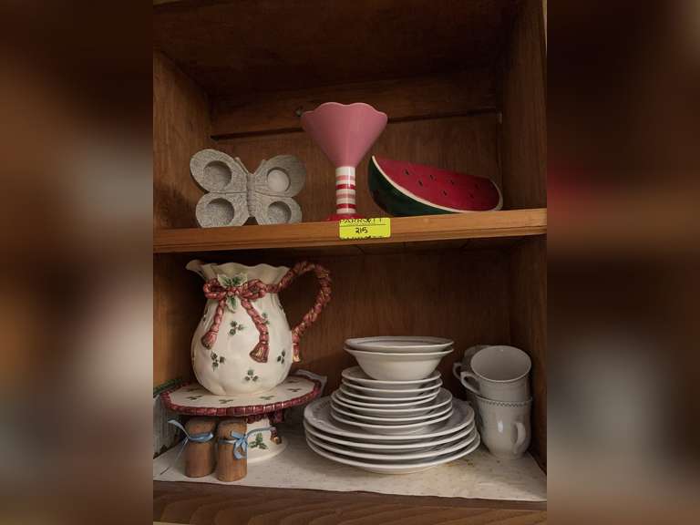 Decorative pitcher, cake stand, partial stone ware set