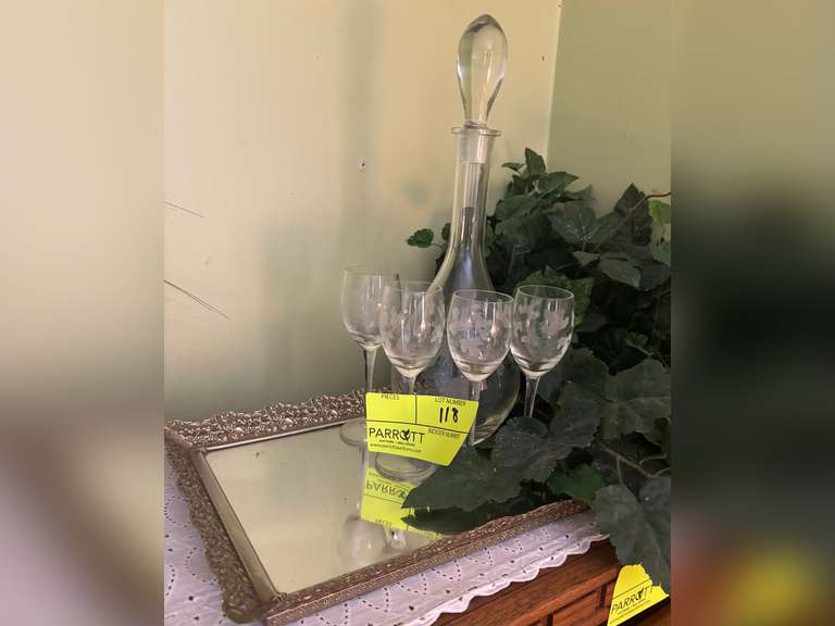 Brass tray with glass decanter and glasses