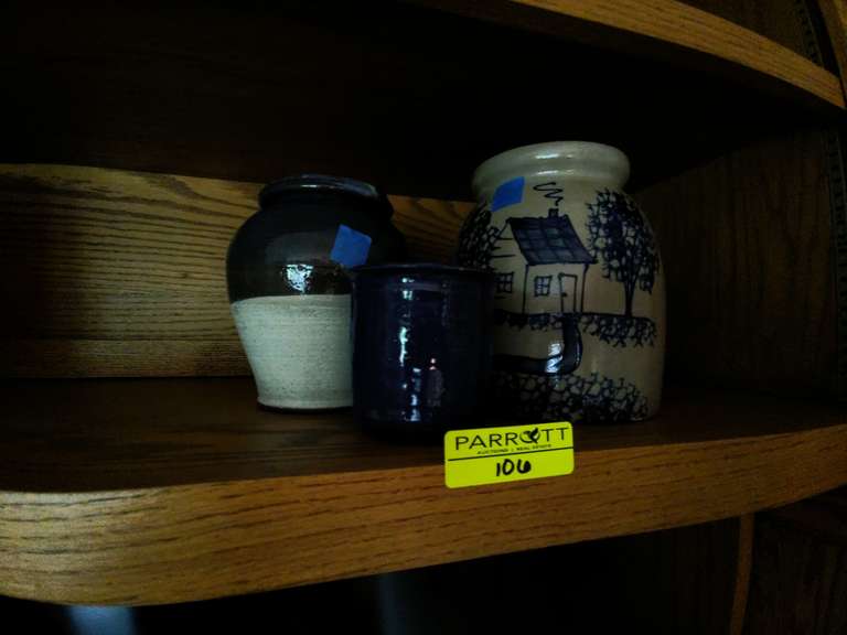 Salt Glazed Stoneware Jar with Kobalt Homestead Scene, Marked BBP 1997, other Blue & Gray stoneware 