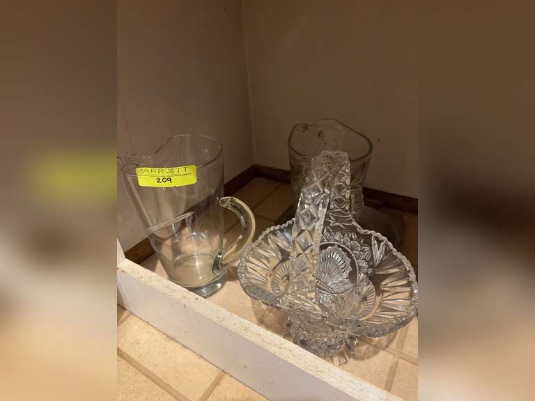 Glass handled basket and 2 large Glass Pitchers