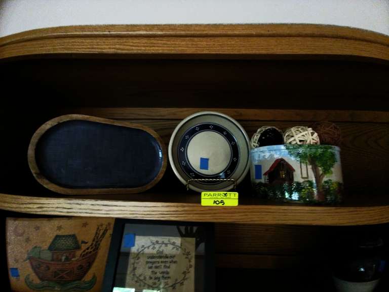 Handpainted Stoneware Crock with Cabin Scene, Robinson Ransbottom, Roseville, Ohio, Wood Serving Tra
