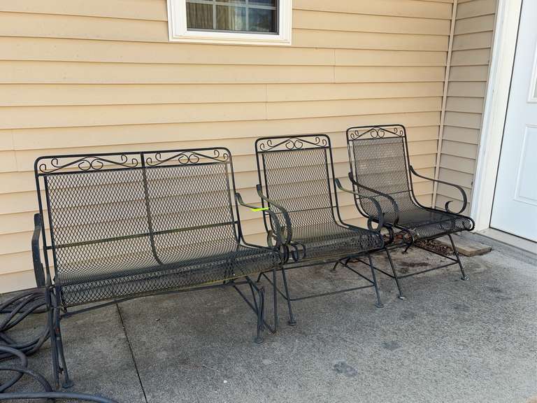 2 Metal Patio Chairs and Patio Bench