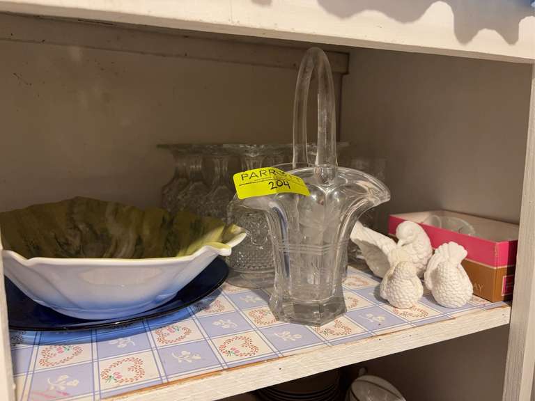 Stemware, Glass handled basket, and more