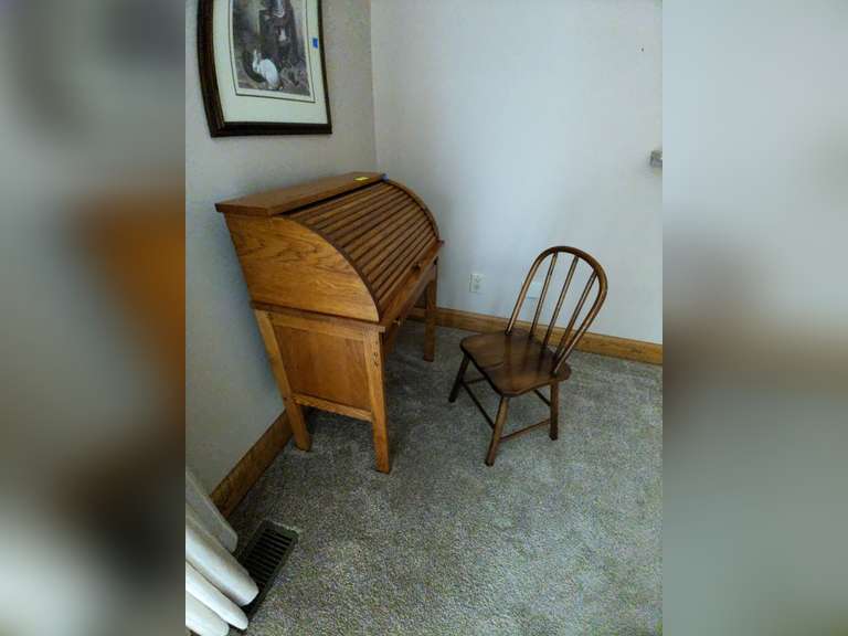 Oak Child's Roll Top Desk with Interior Pigeon Hole Cubbies, Single Drawer & Wood Chair, 27" W x 34.