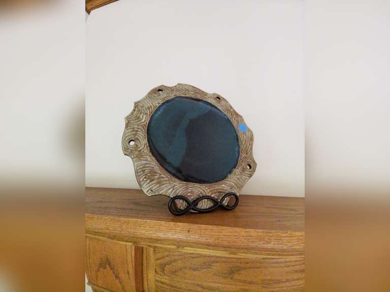 Abstract Design with Blue Coloring Pottery Serving Plate with Display Rack, Artist Signed "Danny Eph