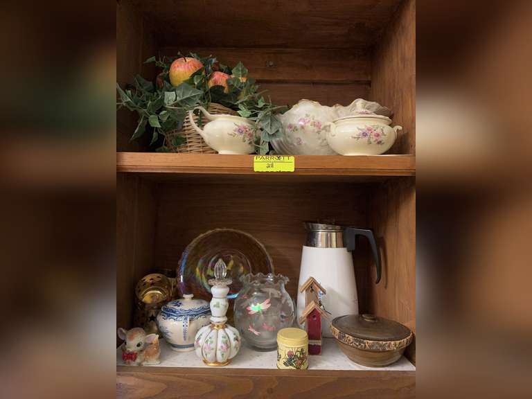 Center piece bowl, fruit basket, corningware coffee pot, marigold colored fruit bowl, and more