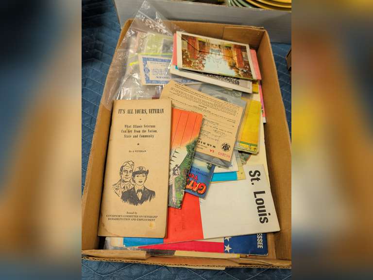 box of assorted vintage paper ephemera and collectibles, including ...