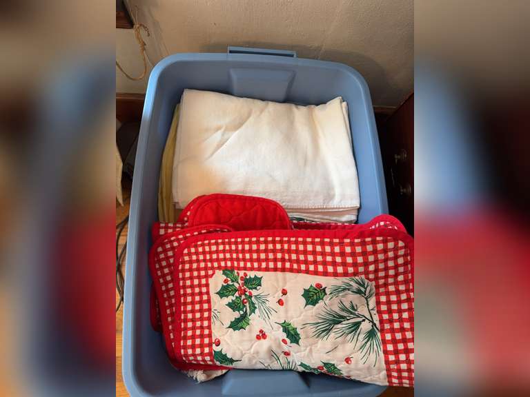 Blue Tote of placemats, towels, & tablecloths