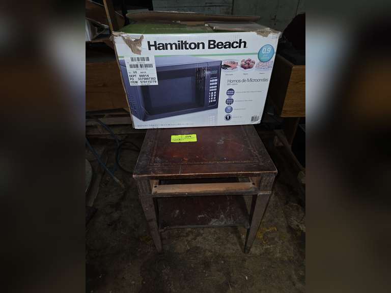 Wooden end table and microwave (different microwave in box than pictured, unknown working condition)