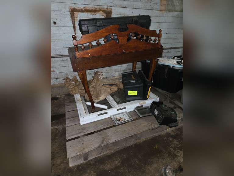 Wooden entry way table, tool box, picture frames, & more