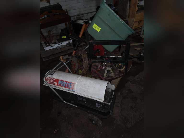 Reddy Heater, weed eaters, wreath, metal rake, & more