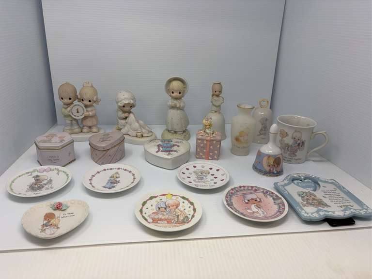 Lot of 4 Precious Moments, bells, jewelry boxes, and saucers