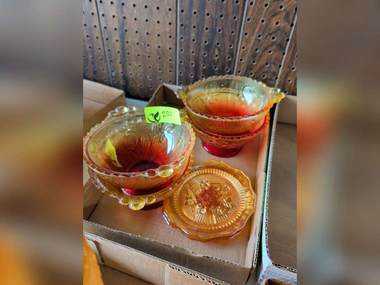 Jeanette Glass Company Amberina Iris and Herringbone handled candy dishes
