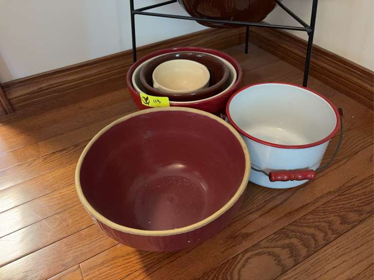 Newer crock, other pottery bowls and granite pale