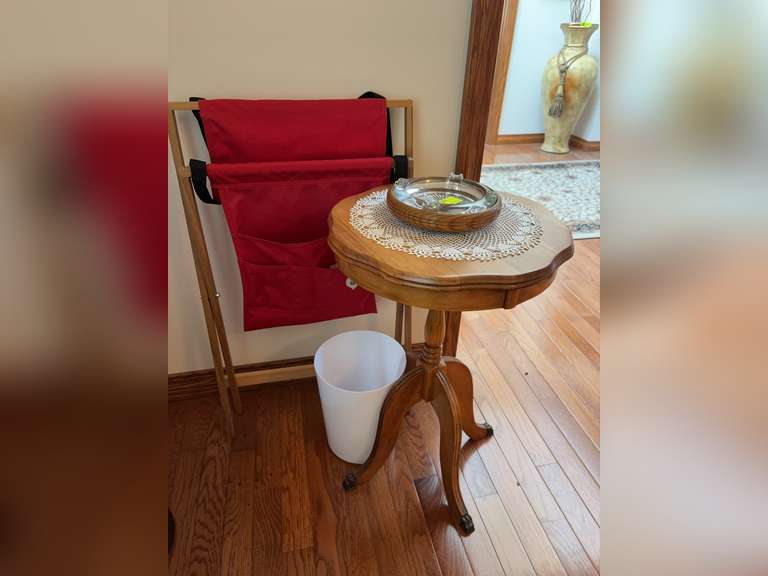 Small Wooden table with brass cat feet, small plastic bin, ash tray