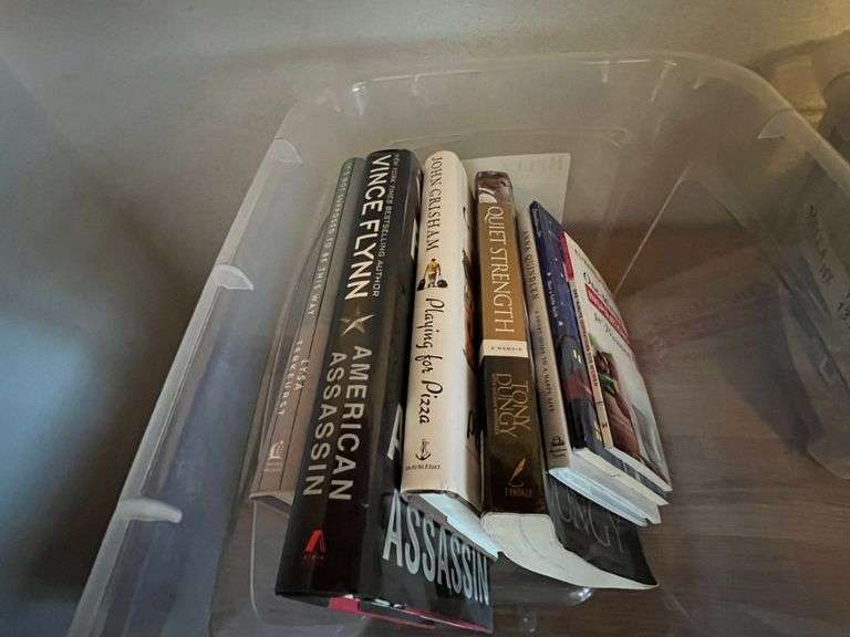 2-Drawer Wood File Cabinet, 3 Plastic Storage Drawers, 2 small totes of books