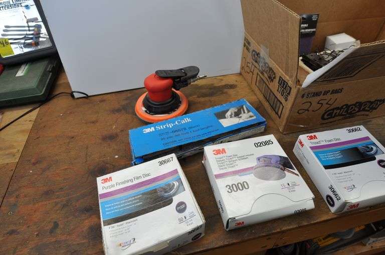 Pneumatic Sander & Discs, Strip caulk, Misc Automotive 12v items.