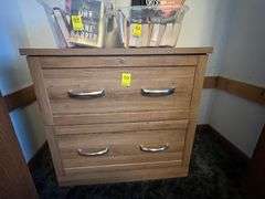 2-Drawer Wood File Cabinet, 3 Plastic Storage Drawers, 2 small totes of books