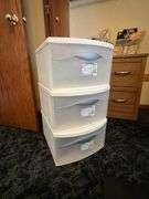2-Drawer Wood File Cabinet, 3 Plastic Storage Drawers, 2 small totes of books