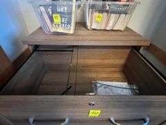 2-Drawer Wood File Cabinet, 3 Plastic Storage Drawers, 2 small totes of books