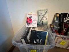 2-Drawer Wood File Cabinet, 3 Plastic Storage Drawers, 2 small totes of books