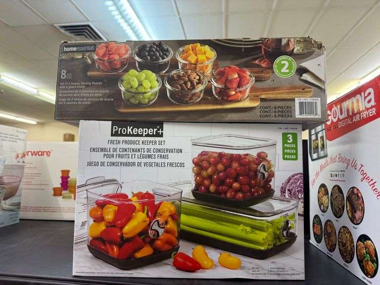 1) Home Essentials Set of 2 Aracia Serving Boards with 6 Glass Bowls 1) ProKeeper Fresh Produce Keep