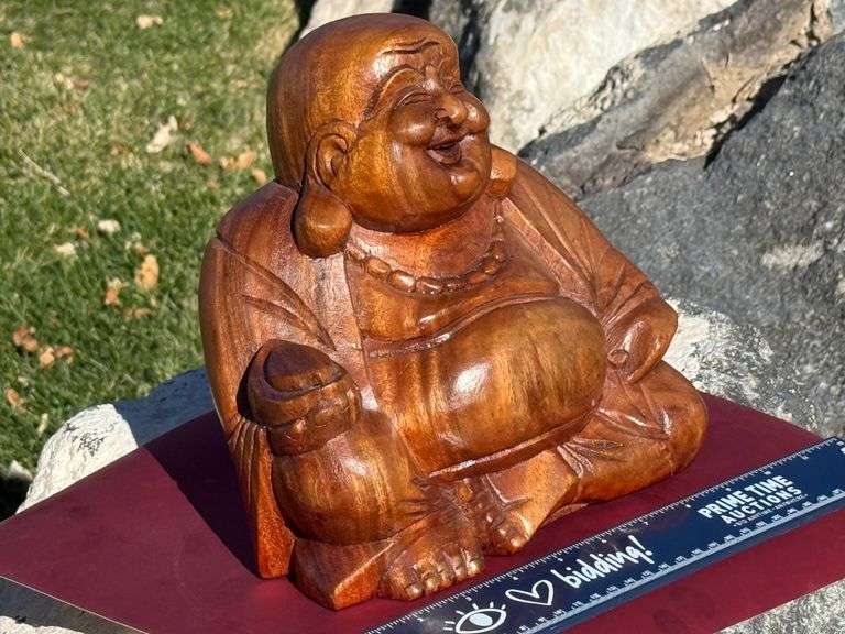 Wooden Carving of Laughing Buddha, Over 3 lbs, 8" Tall, New