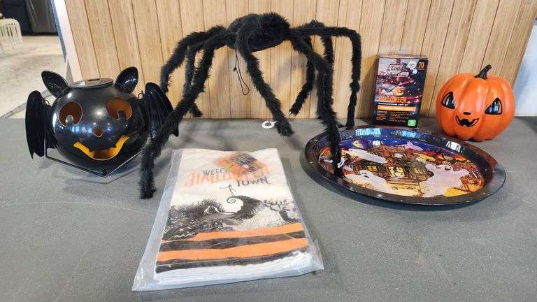 Solar Bat Pumpkin, 2) Night Before Christmas Towels, Furry Spider, Halloween Platter, Orange Lights,