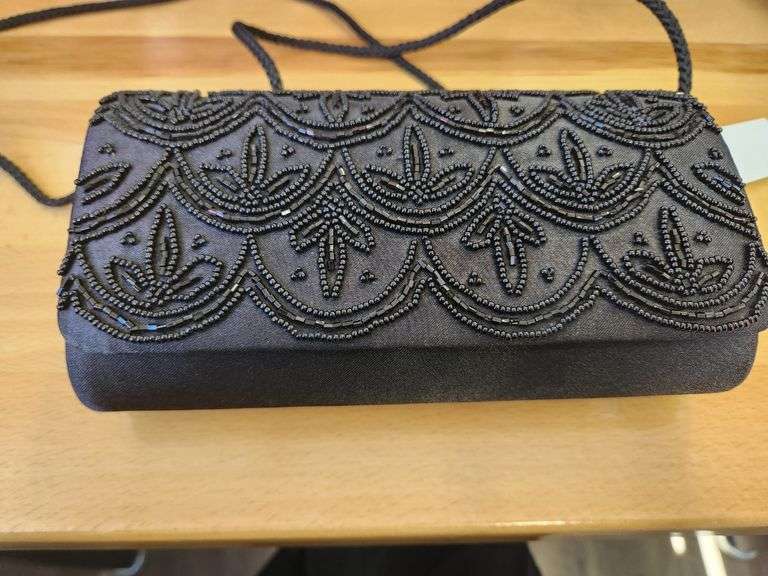 Black Beaded Satin Evening Clutch