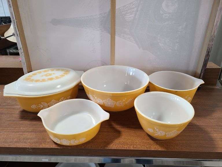 Vintage Pyrex Gold Butterfly Bowls and Casserole Dish