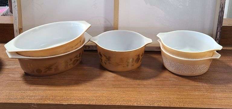 2) 1970s Pyrex "Woodland" Casserole Dishes, 3) 1960s "Early American" Casserole Dishes