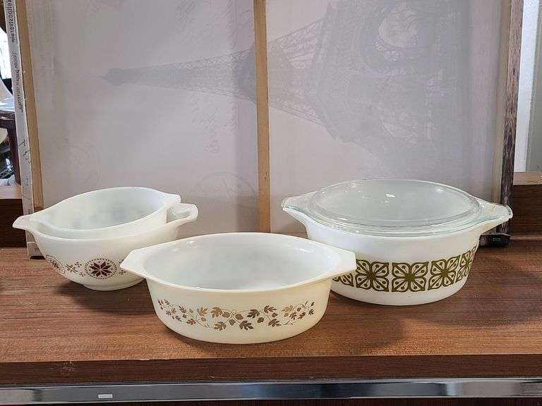 Pyres 1960s "Golden Acorn" Casserole Dish, 1970s "Spring Blossom Green" Casserole Dish, 2) Mid 1960s