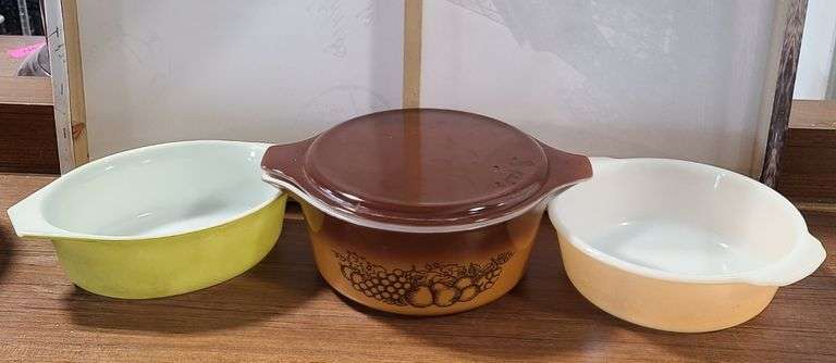 Pyrex 1970 "Old Orchar" Casserole Dish, Pyrex Yellow Casserole Dish, 1950s Fire-King Casserole Dish