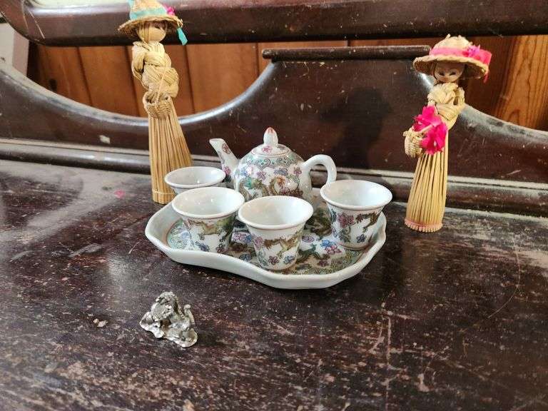 Chinese Porcelain Tea Set and 2) Straw Doll