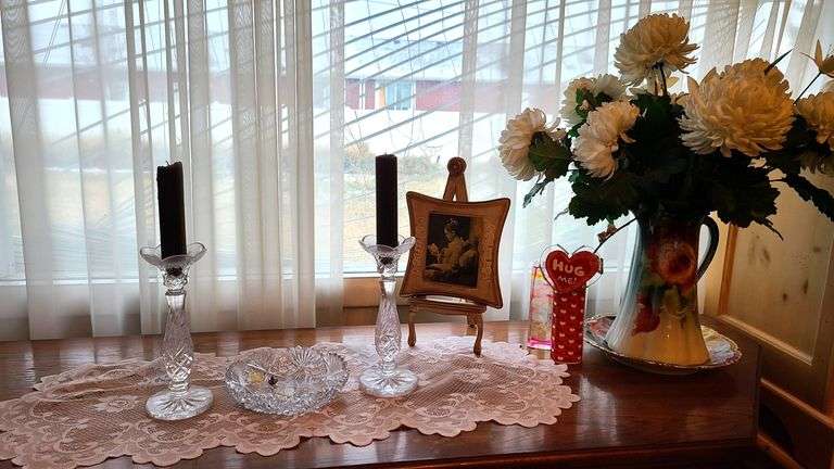 Victorian Picture on Stand, Crystal Decor, Candle Holders, Pitcher, Faux Flowers, More