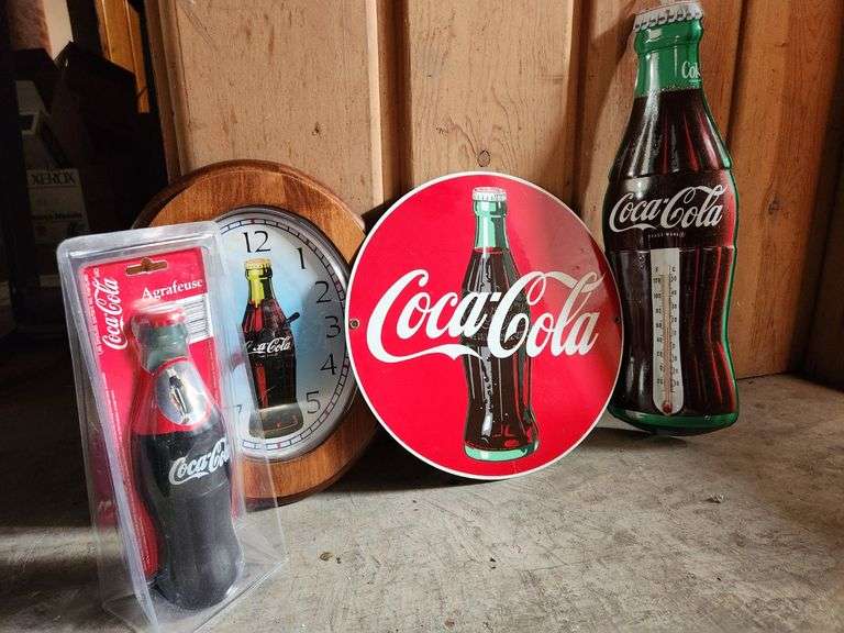 Coca-Cola Clock and Sign, Thermometer, Stapler