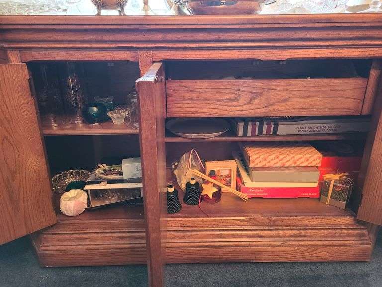 Contents of Buffet: Candle Holders, Ornaments, Food Warmer, Much More Noritake Cake Plate,  Holiday Decor,  Diffuser,