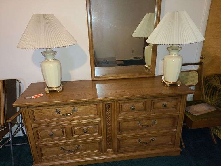 Double Dresser W/ Mirror, 2) Lamps