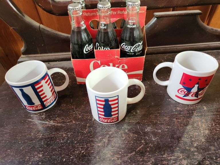 3) Coca-Cola Coffee Mugs, 6) Pack of Bottles