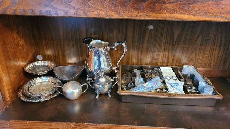 Stainless Steel Silverware, Silverplate Tea Pot, Silver Plated Plates, Cream and Sugar Cup, Serving Trays, More