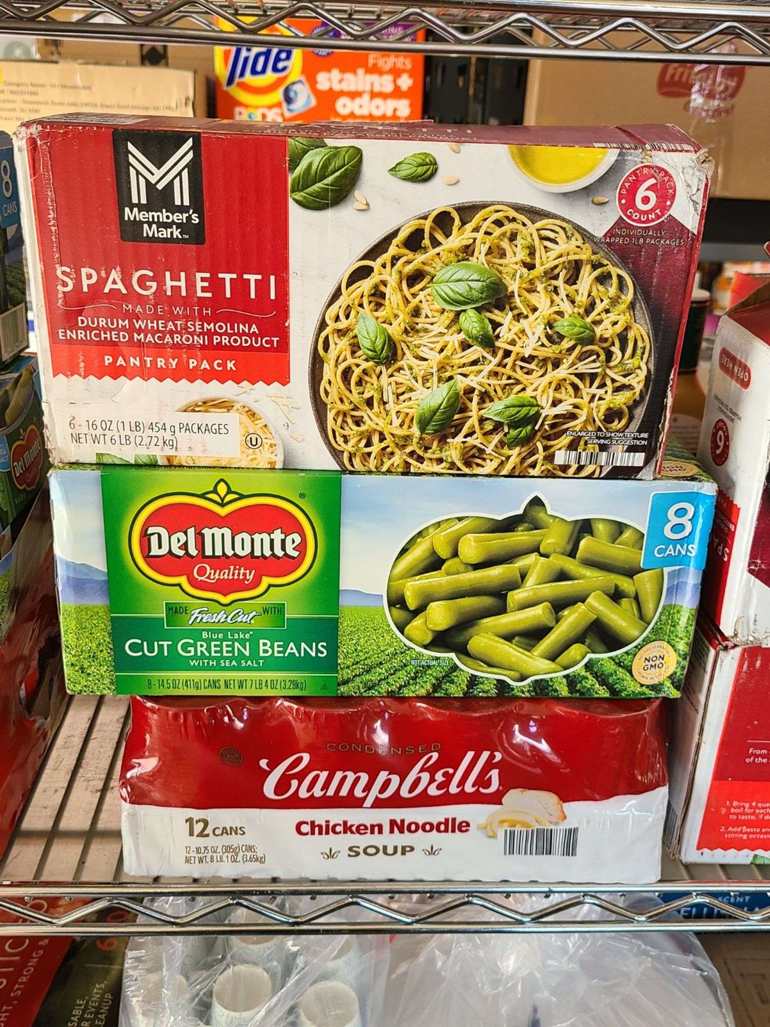 1) Spaghetti, 1) Del Monte Cut Green Beans, 1) Campbells Chicken