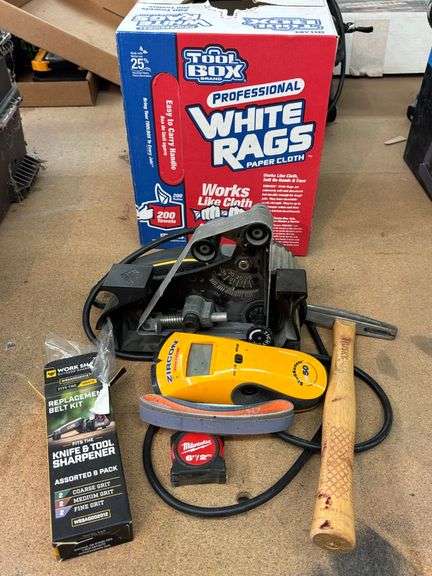 Work Sharp Blade Grinding Attachment, White Rags, Replacement Belt, Stud Finder, Tack Hammer