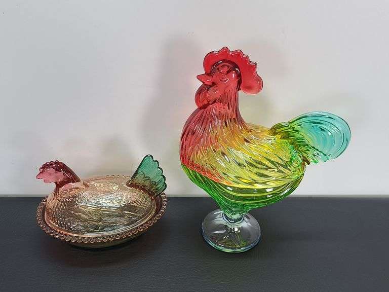 Colored Glass Chicken and Rooster Lidded Dishes