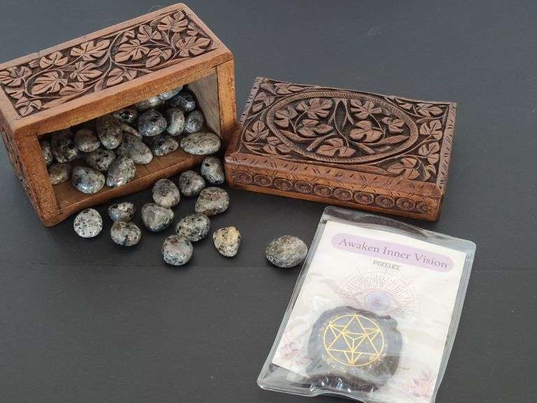 Wooden Trinket Box, Polished Stones, Lapis Lazuli Necklace