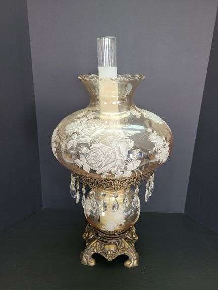 Victorian Style Electric Parlor Lamp with Brass Base, Scalloped Top Shade